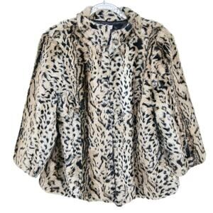 Chicos Leopard Faux Fur Coat Size 2 Y2K Mob Wife Glam Pin-Up Retro Rock Eclectic